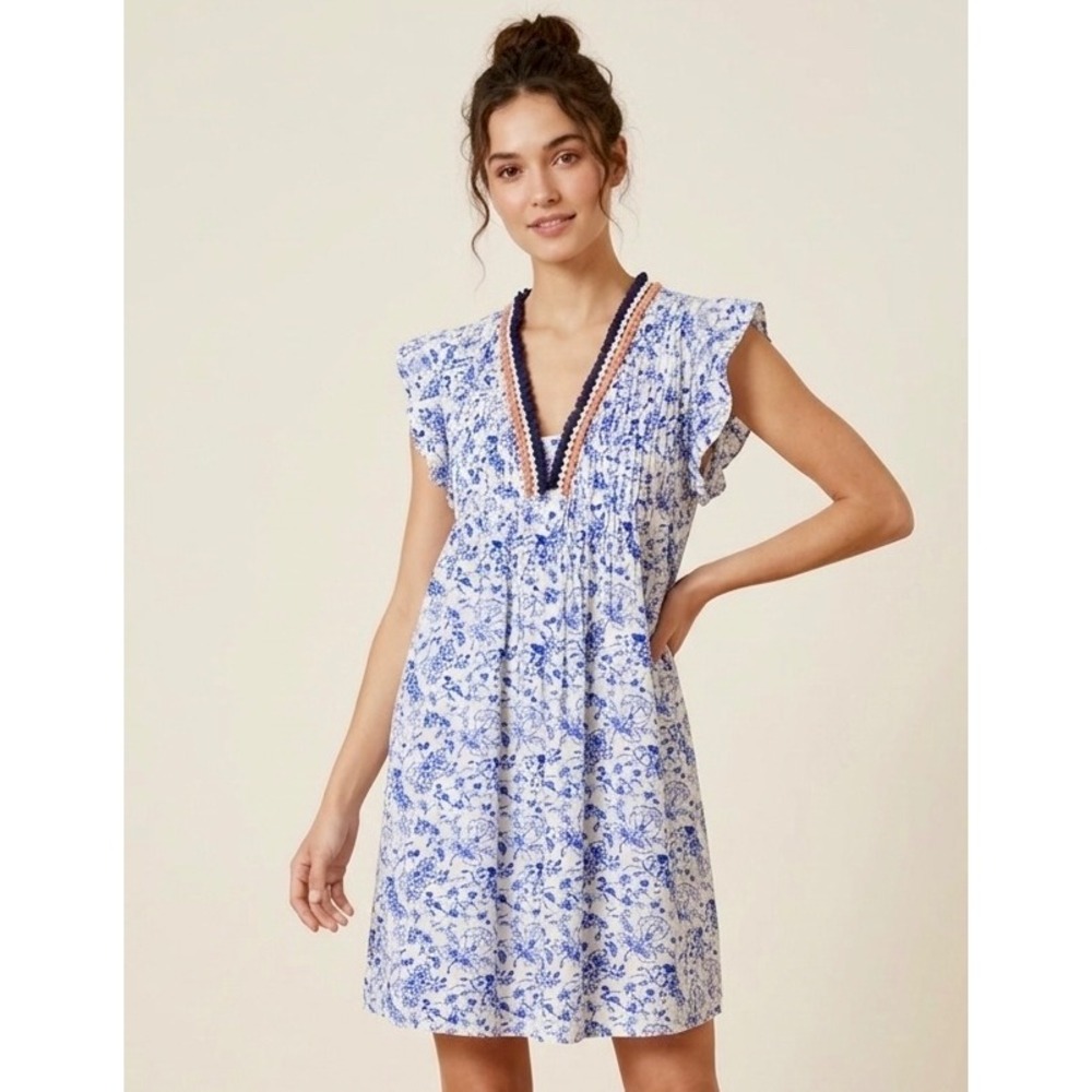 THML Mini Dress Floral Flutter Sleeve Blue White Small